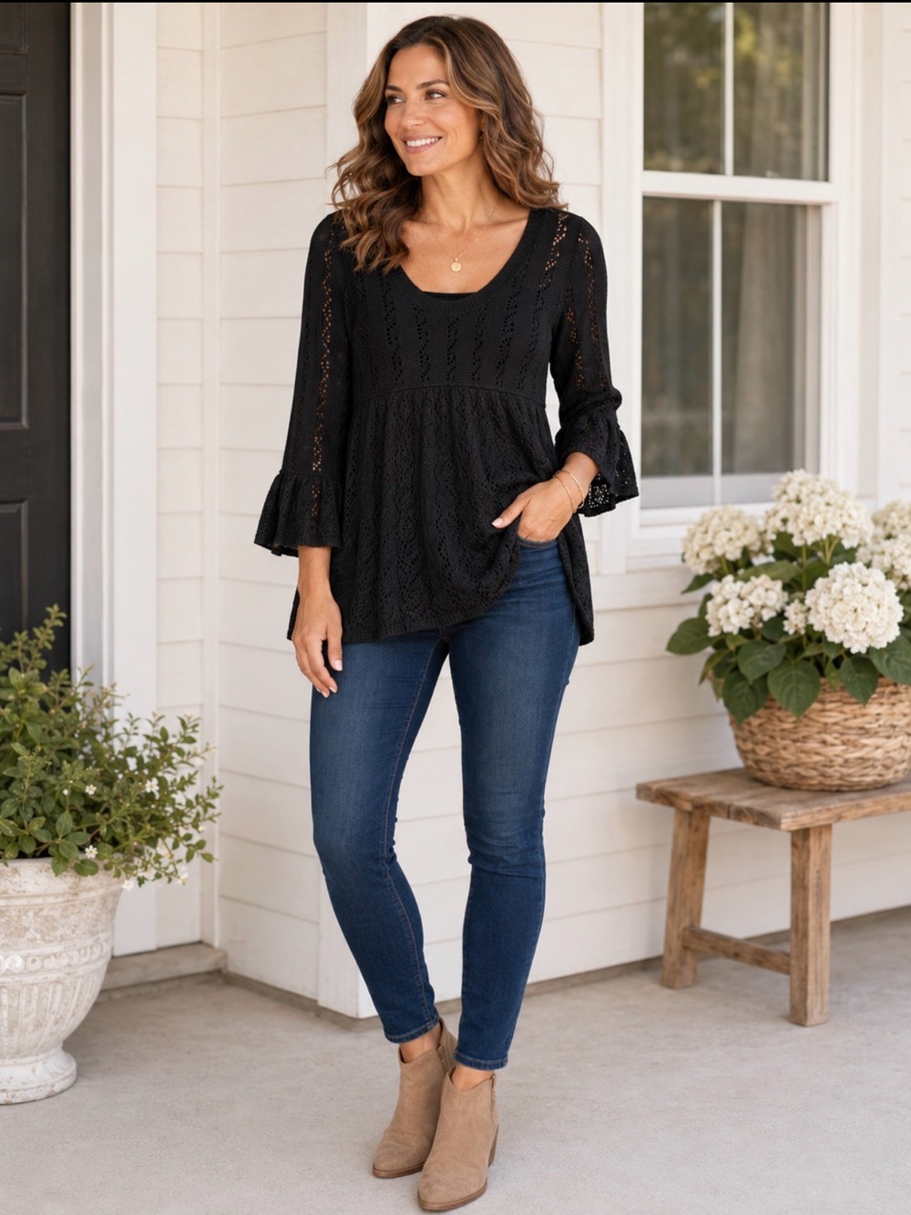 Love Rocks Black Pointelle Knit Top Bell Sleeve Boho Large